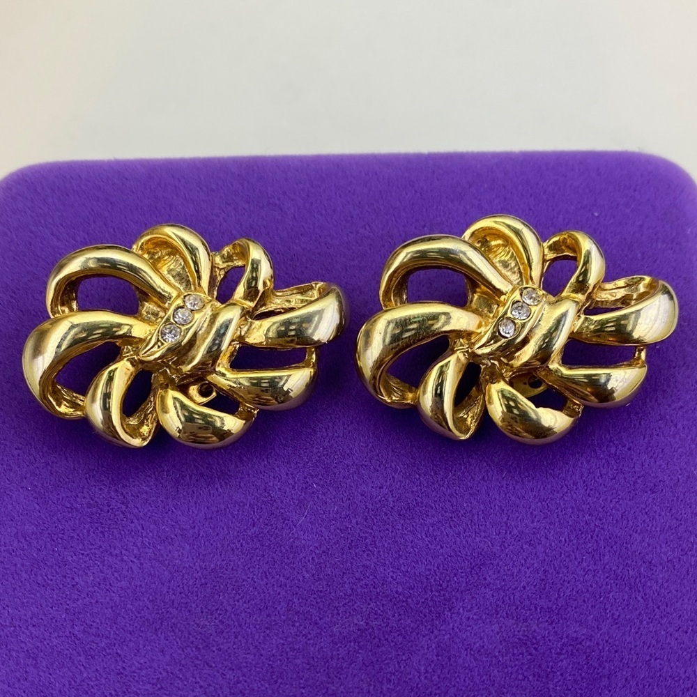 💛 Vintage Bluette Gold Ribbon Shoe Clips | Triple Crystal Sparkle | Glam Luxe